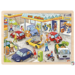 Puzzle en bois 48 pièces les pompiers enfant goki avec cadre support.