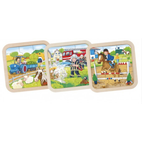 PUZZLE en BOIS GOKI 9 PIÈCES : TRACTEUR , POMPIERS , CHEVAUX