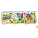 PUZZLE en BOIS GOKI 9 PIÈCES : TRACTEUR , POMPIERS , CHEVAUX